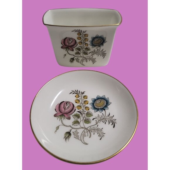 Minton Bone China Floral Toothpick Holder & Trinket Dish Set With Gold Trim - Picture 1 of 7